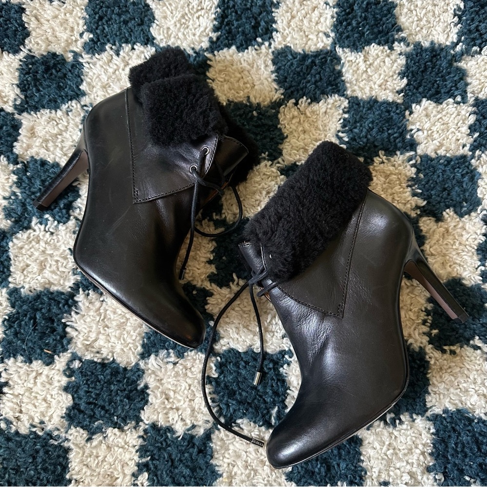 Coach Black Leather Ankle Booties with Faux Fur Cuff